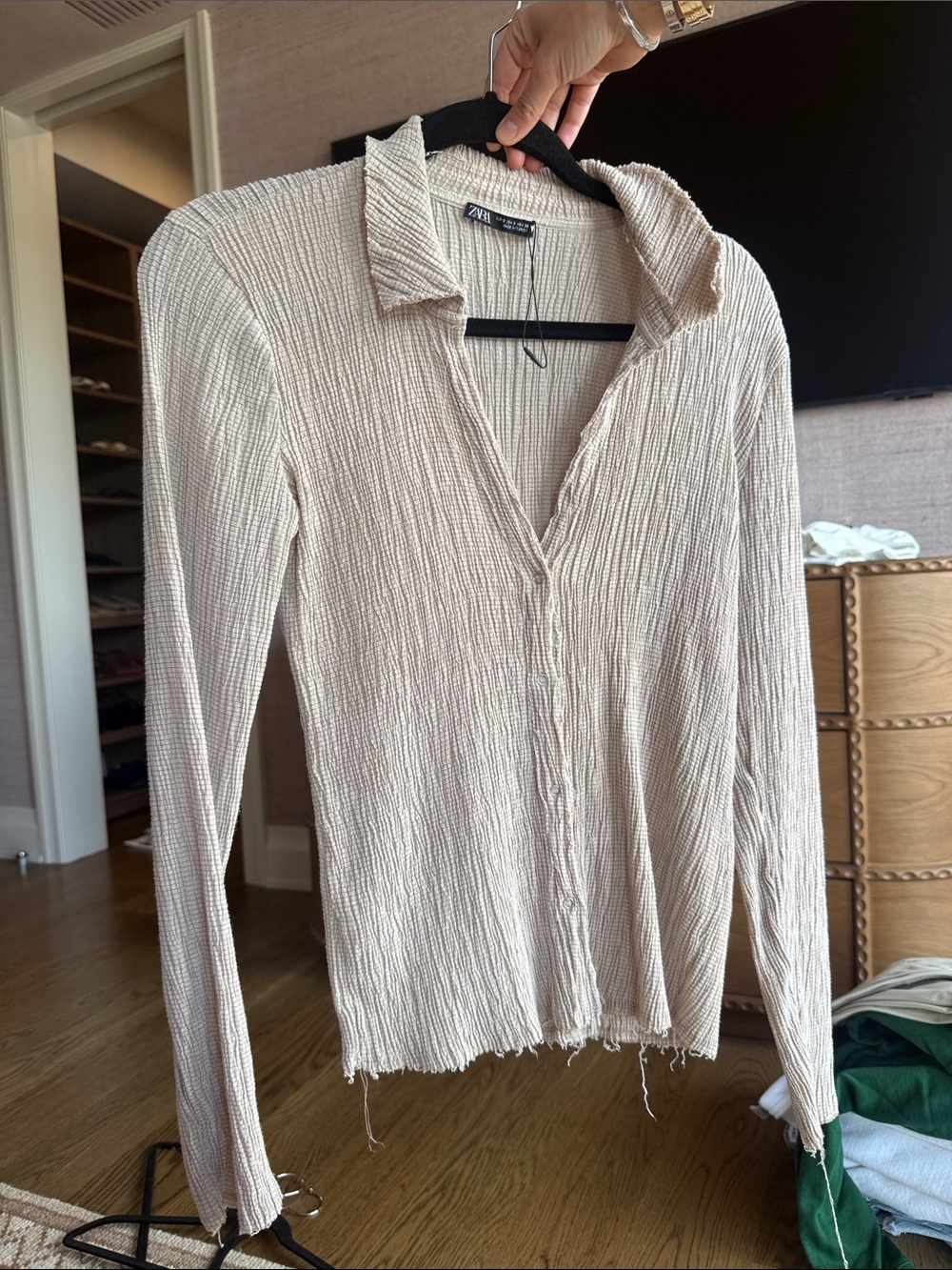 Zara Cream Textured Button-Down Collared Shirt